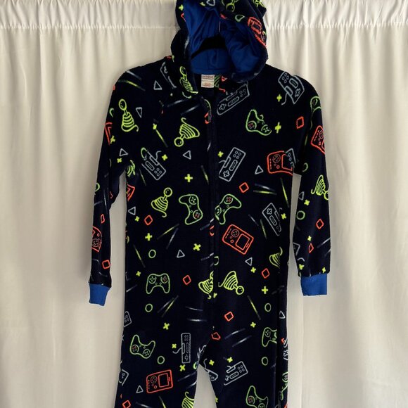 Kids Navy Blue Gaming Print One Piece fleece pajamas M 8/10 - 371 - Picture 1 of 6